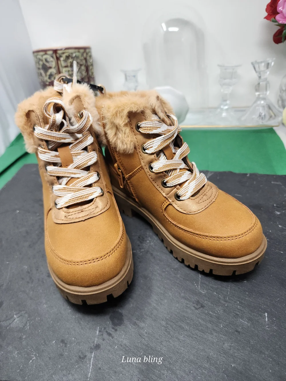 Childs Tan Fur-Trim Hiking Boots